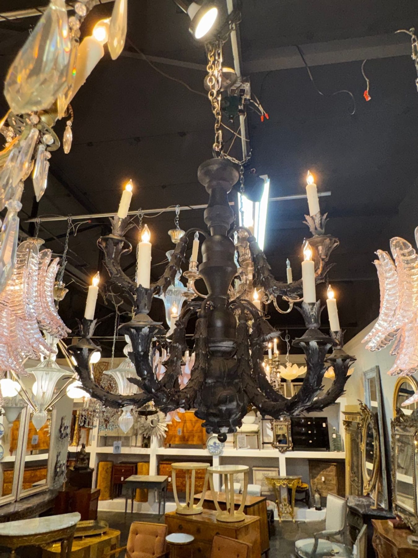 19th c. Italian Carved Wood and Iron Chandelier - Image 2