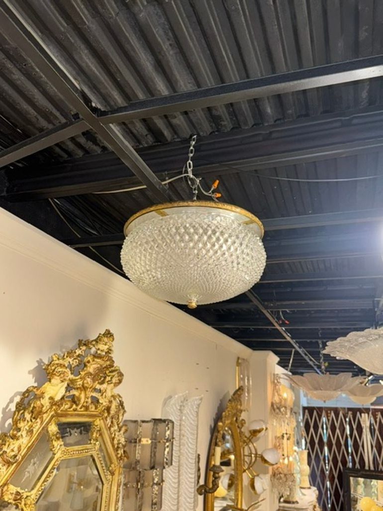 French Cut Glass and Gilt Brass Flush Mount Chandelier - Image 3