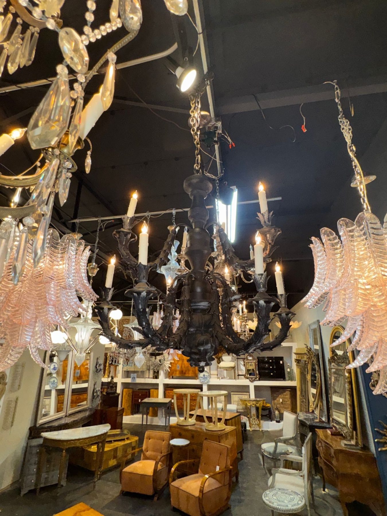 19th c. Italian Carved Wood and Iron Chandelier - Image 3