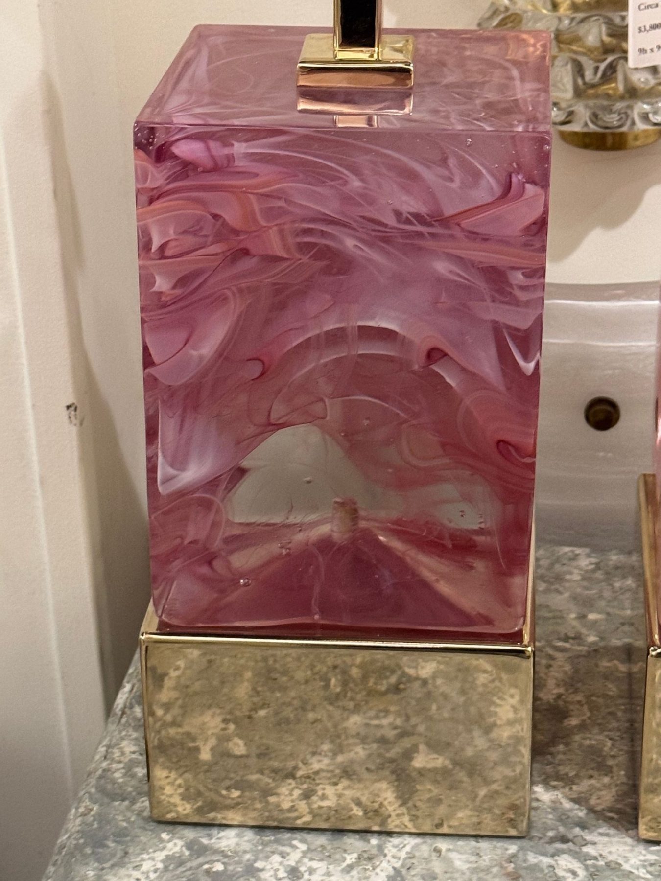 Pair of Modern Murano, Pink Glass and Brass Block Lamps - Image 3