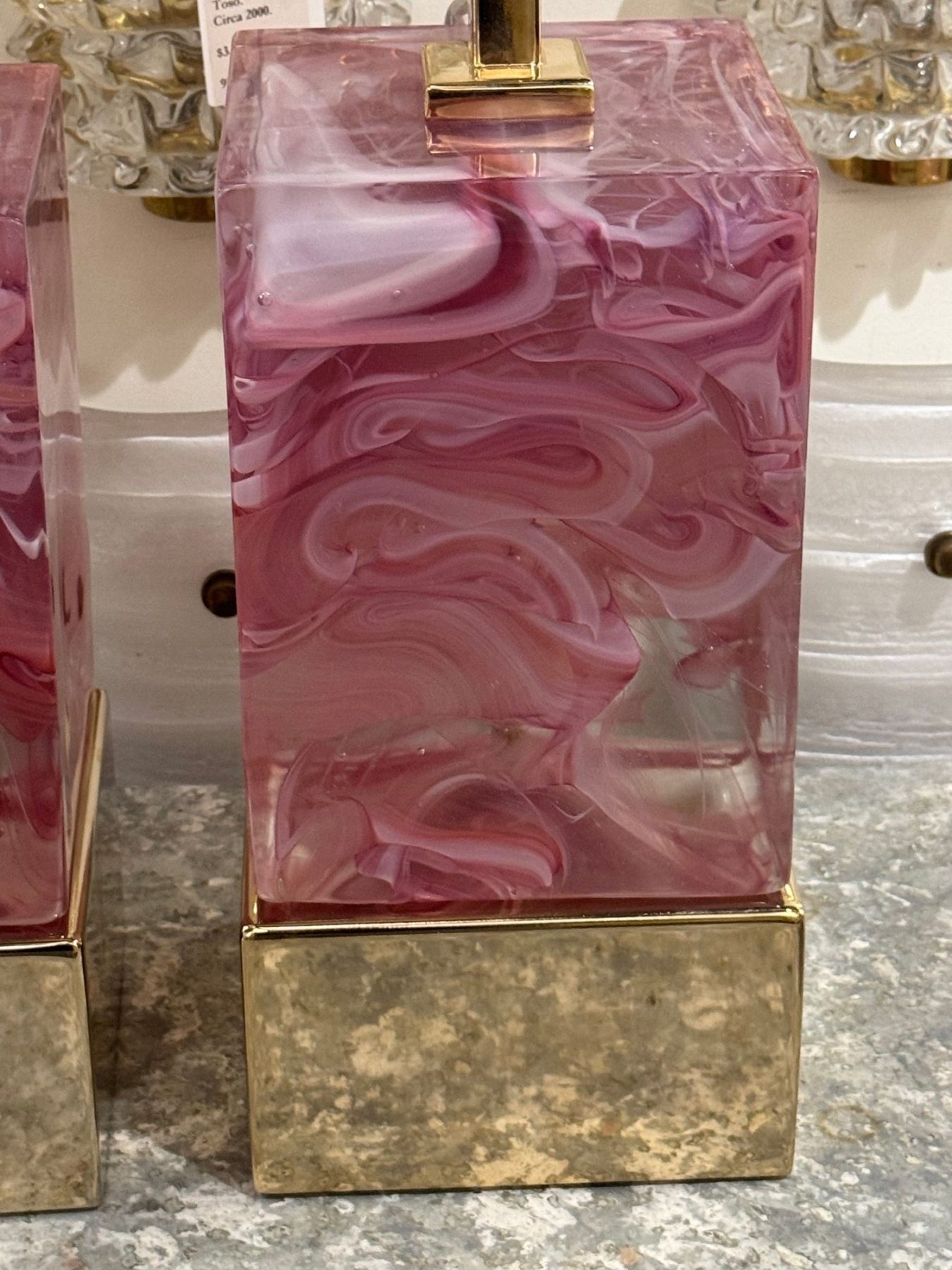 Pair of Modern Murano, Pink Glass and Brass Block Lamps - Image 4