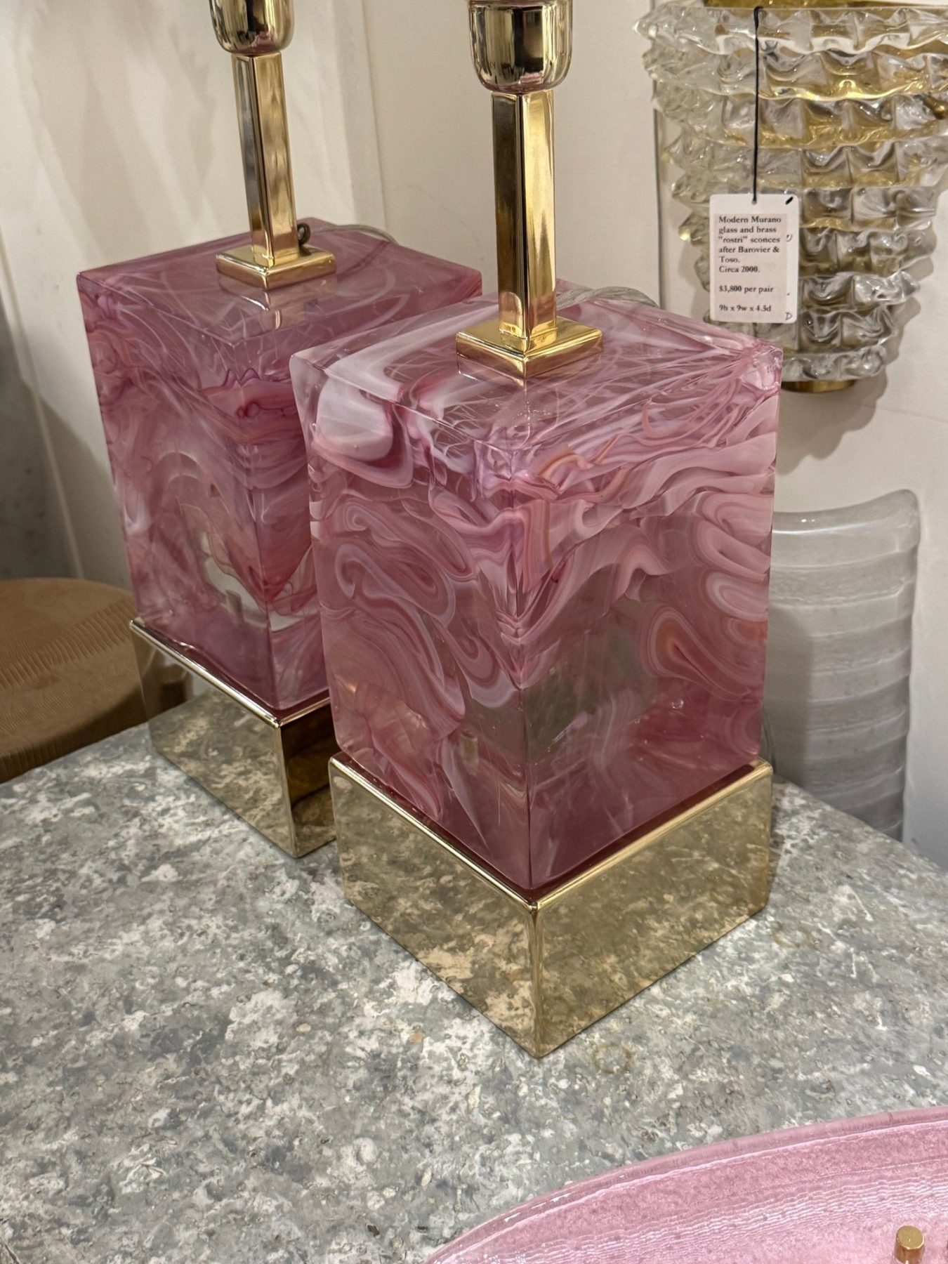 Pair of Modern Murano, Pink Glass and Brass Block Lamps - Image 5