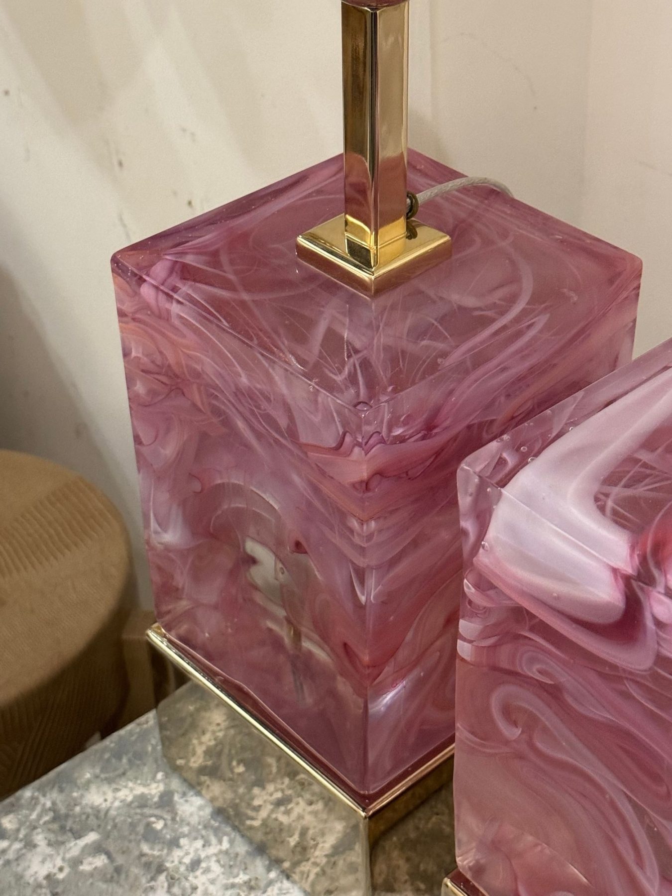 Pair of Modern Murano, Pink Glass and Brass Block Lamps - Image 6