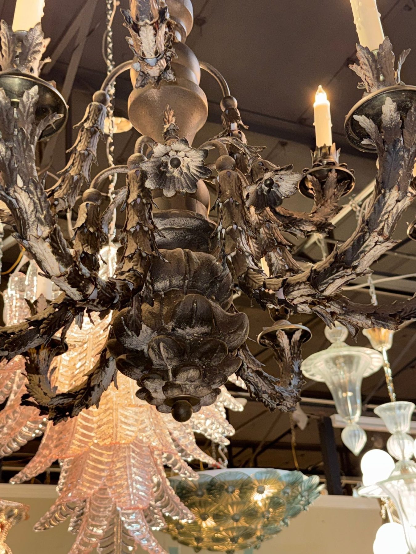 19th c. Italian Carved Wood and Iron Chandelier - Image 7