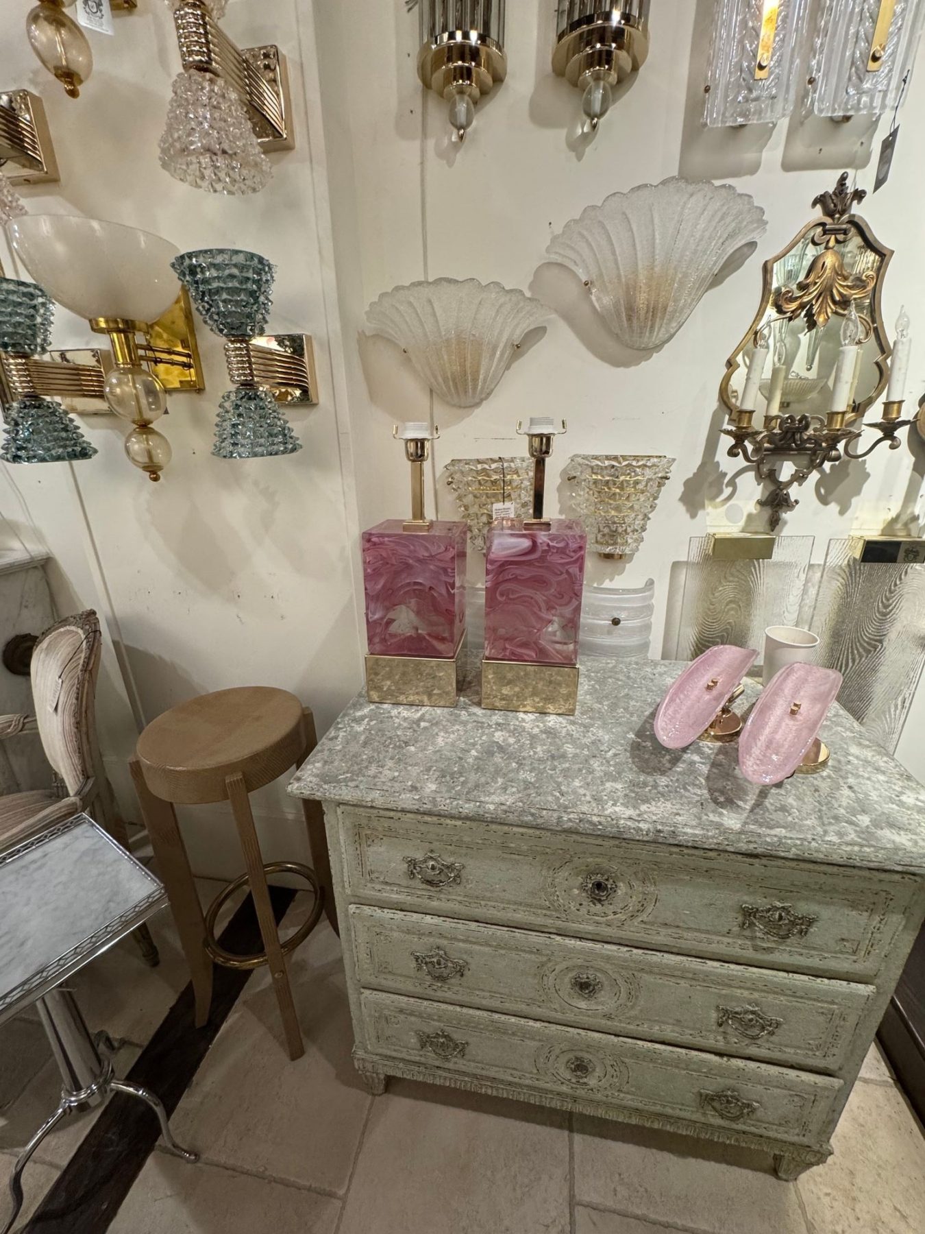 Pair of Modern Murano, Pink Glass and Brass Block Lamps - Image 7