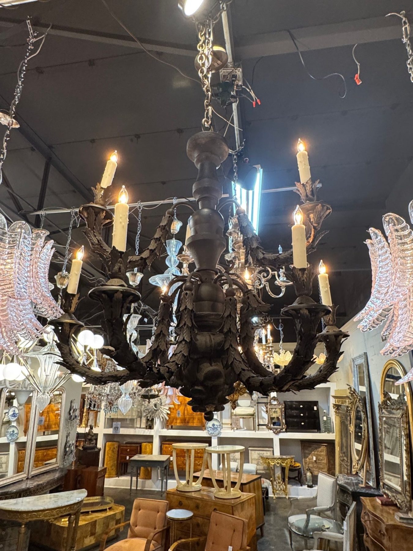 19th c. Italian Carved Wood and Iron Chandelier - Image 8