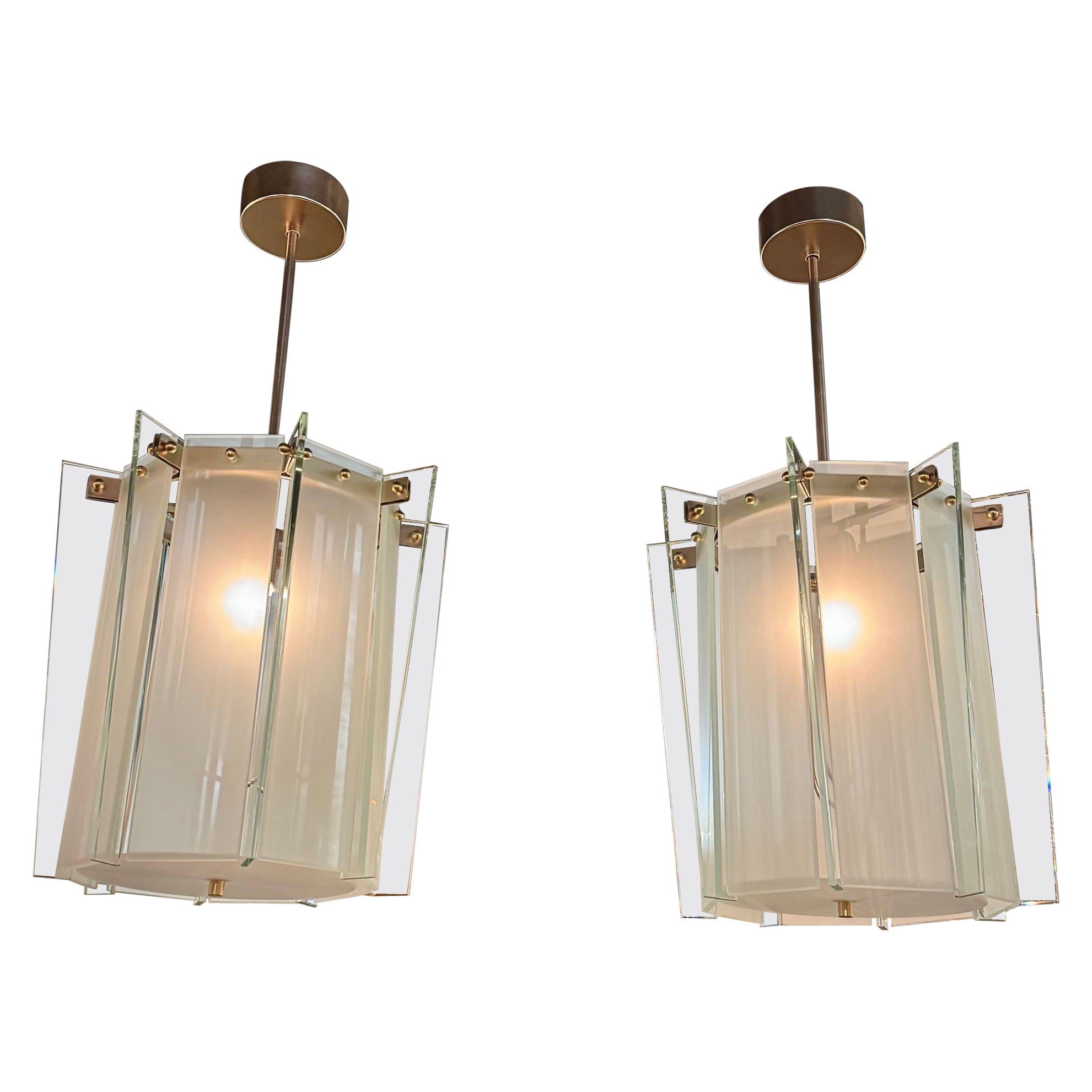 Pair of Italian Modern Pale Green Frosted Glass Lanterns