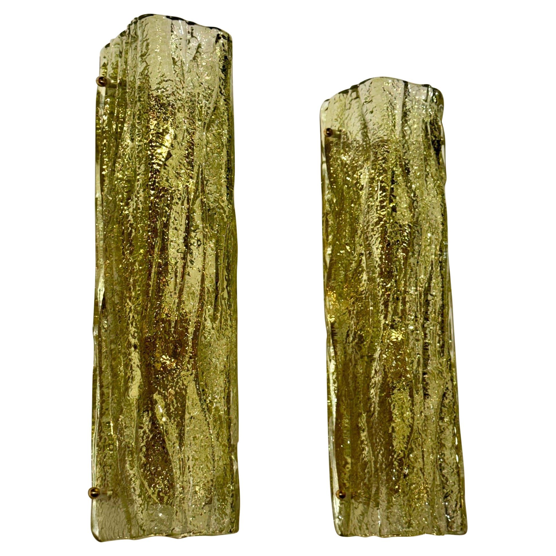 Pair of Murano Green Granola Glass Square Tube Sconces