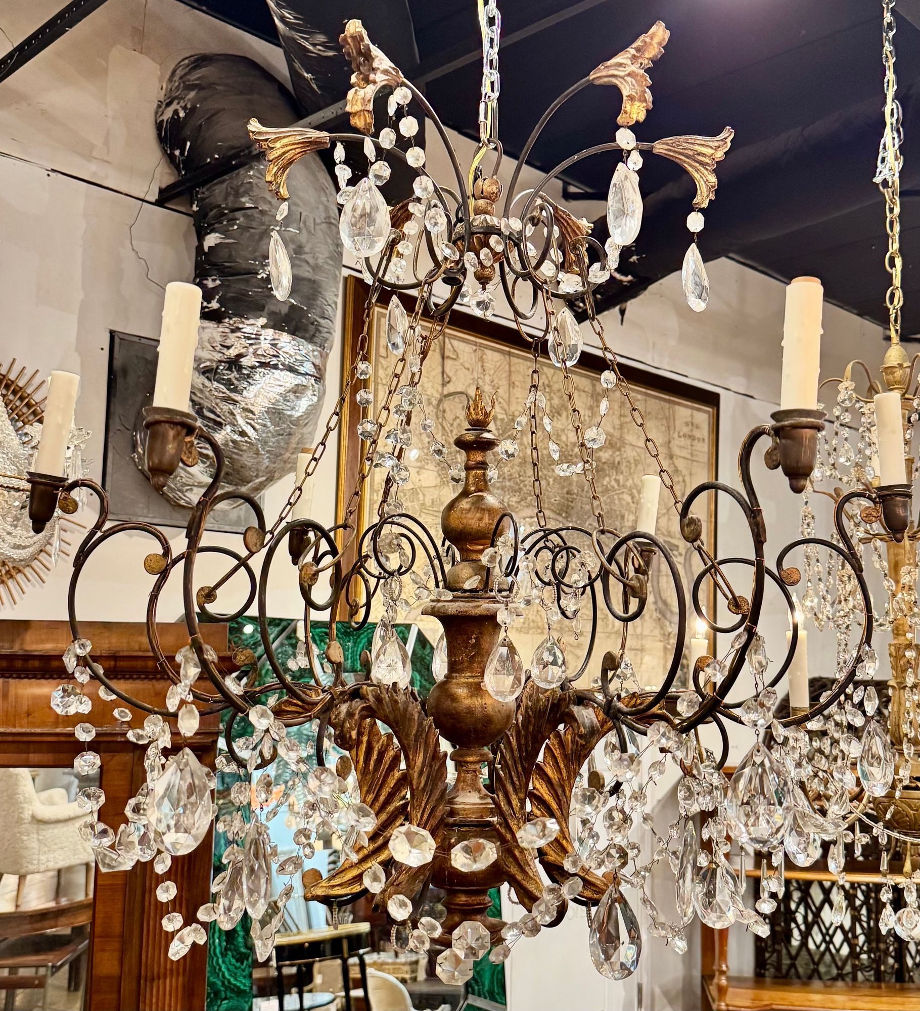 19th c. Italian Tuscan Iron and Giltwood Chandelier
