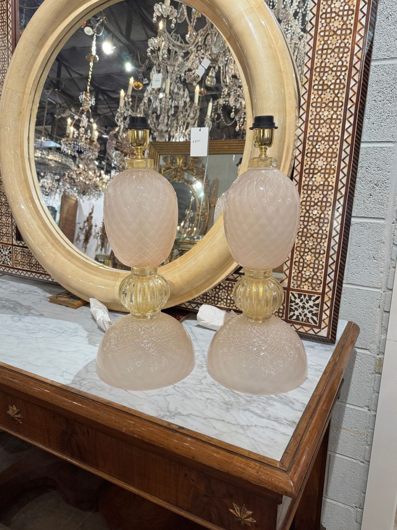 Pair of Murano Pink and Gold Glass Lamps - Image 2