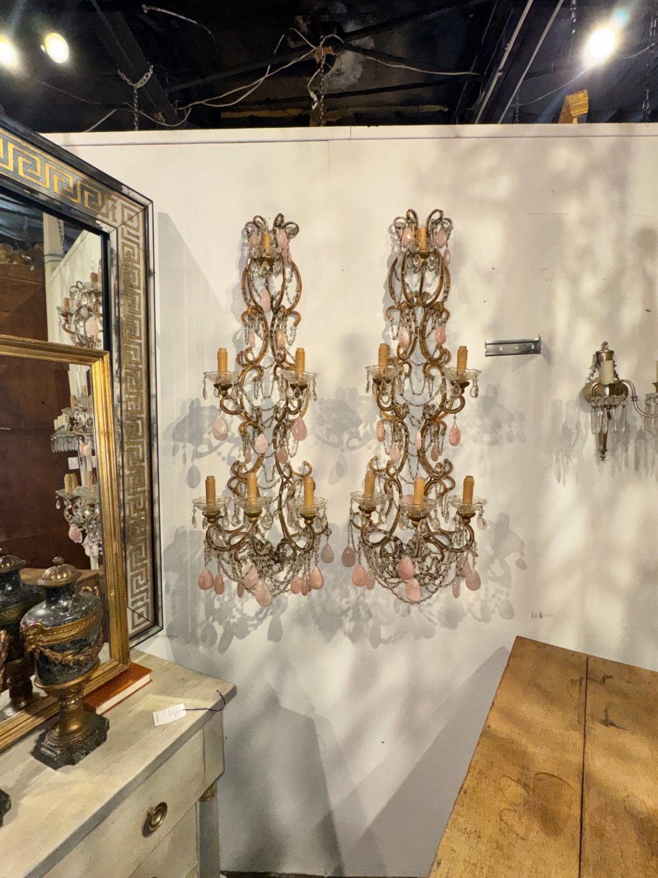 Pair of Italian Large Scale Beaded and Rose Quartz Sconces - Image 2