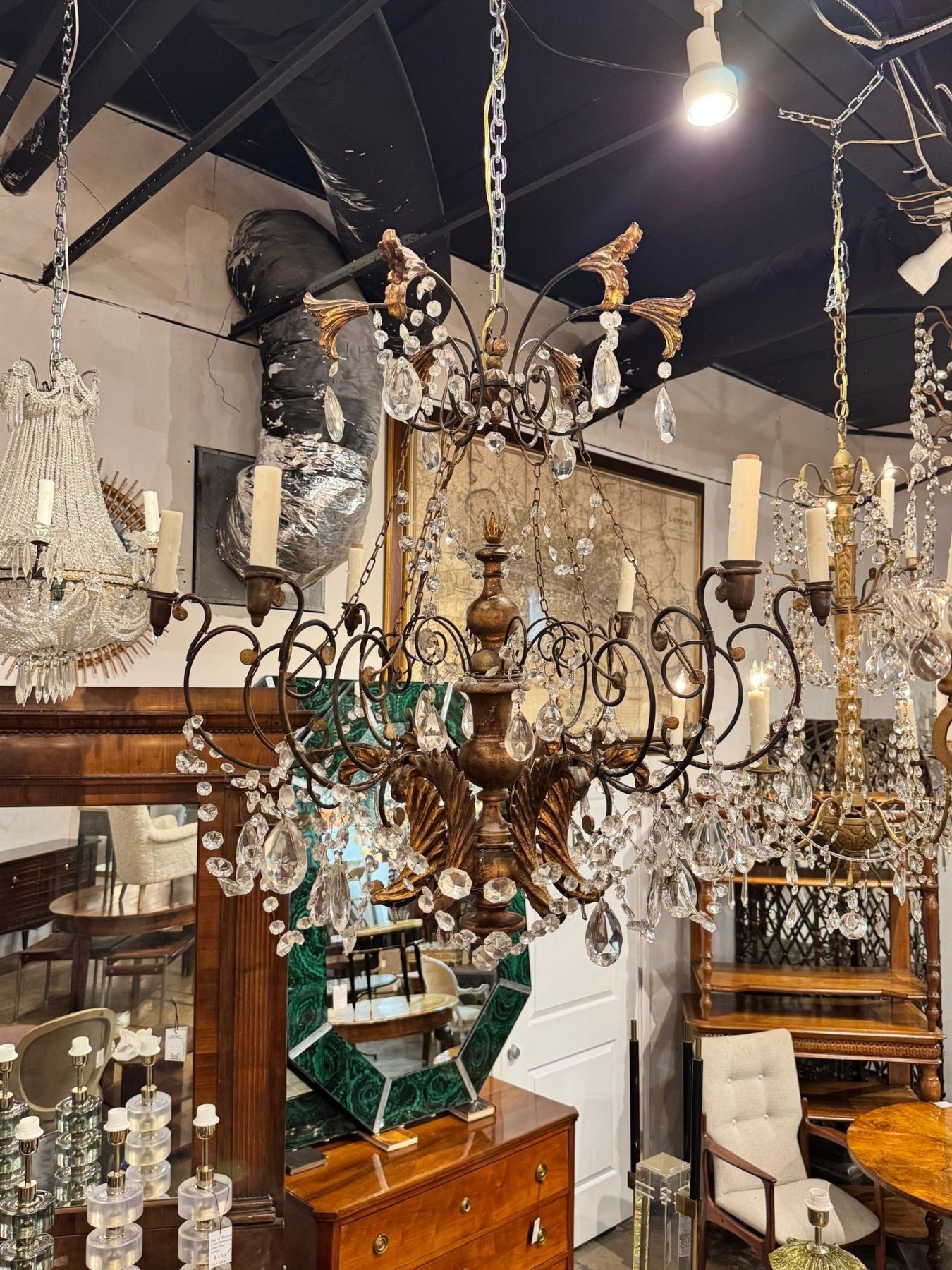 19th c. Italian Tuscan Iron and Giltwood Chandelier - Image 3