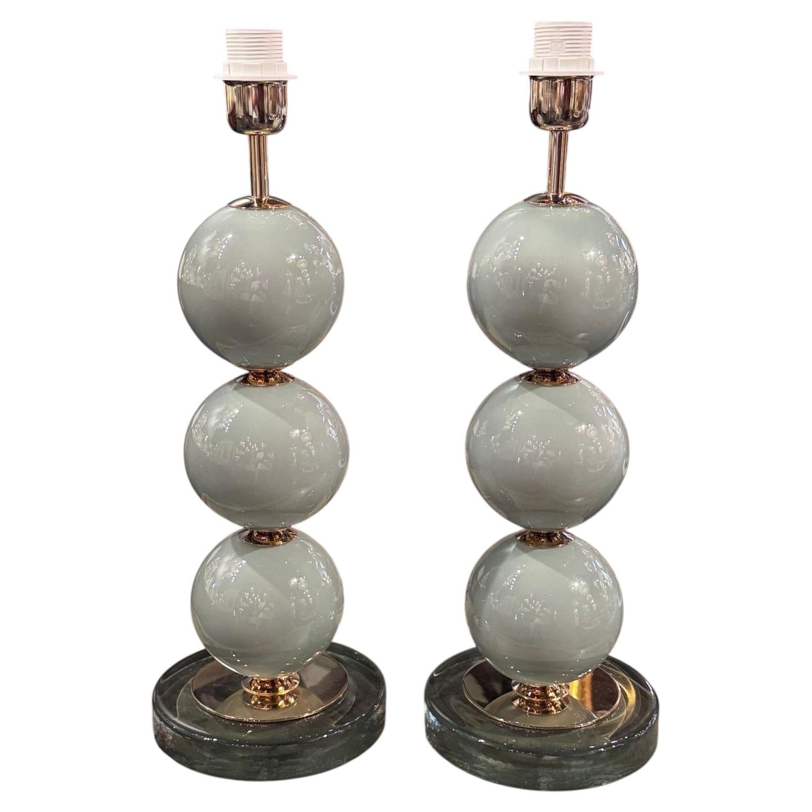 Pair of Murano Pale Green Glass Ball Form Lamps