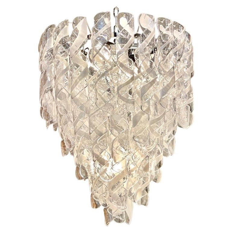 Modern Spiraled Clear and White Murano Glass Chandeliers