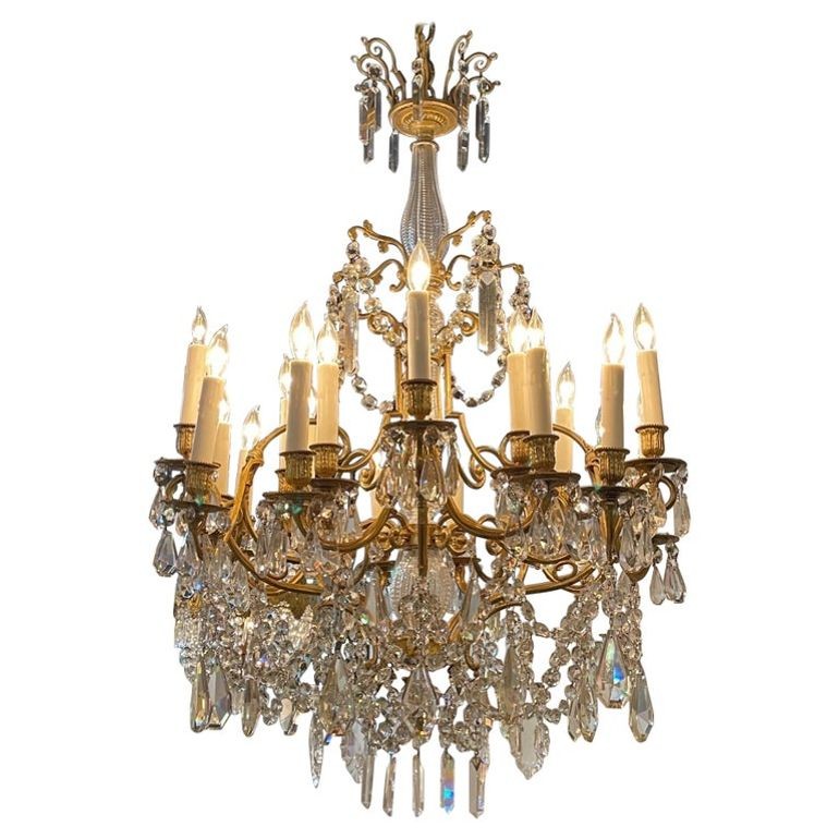 19th Century French Gilt Bronze and Crystal 20 Light Chandelier
