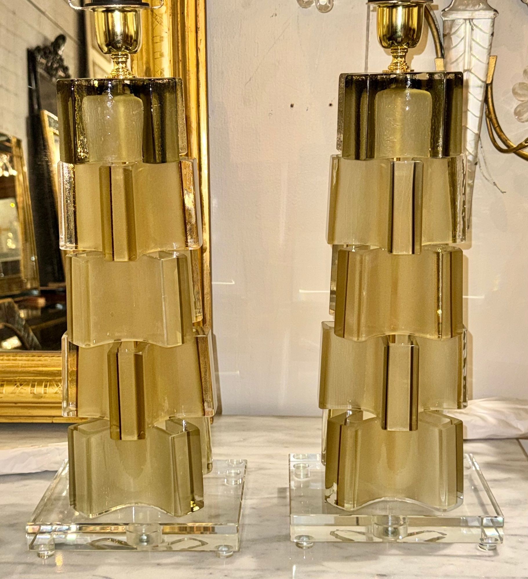 Pair of Murano Modernist Matte Gold Lamps