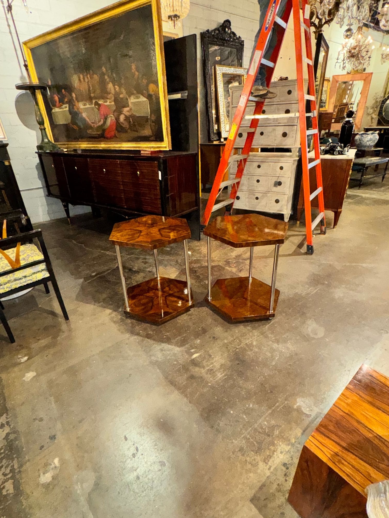 Italian Art Deco Style Walnut and Chrome Hex Side Tables - Image 2
