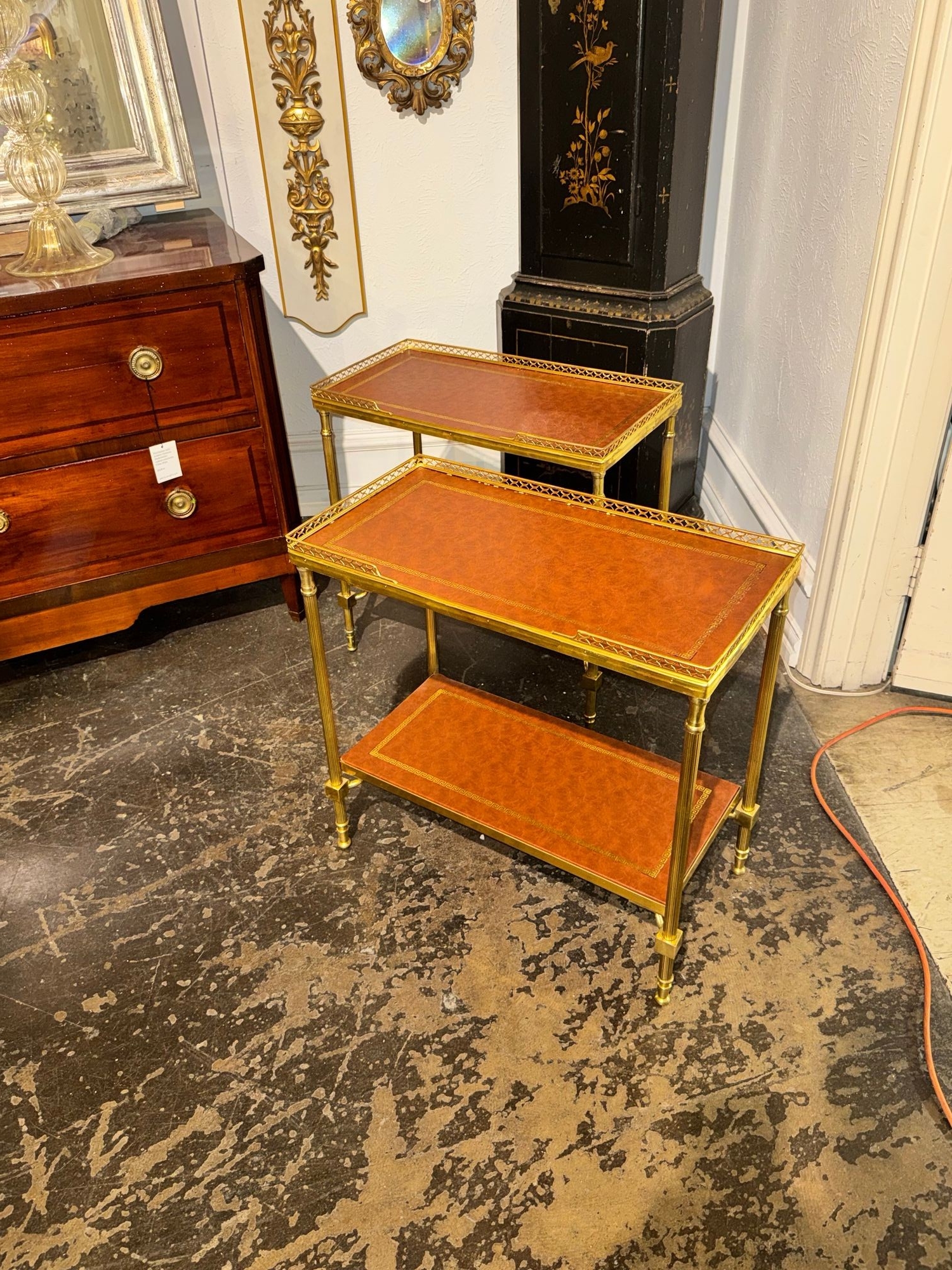 Pair of Italian Bagues Style Brass and Leather Side Tables - Image 2