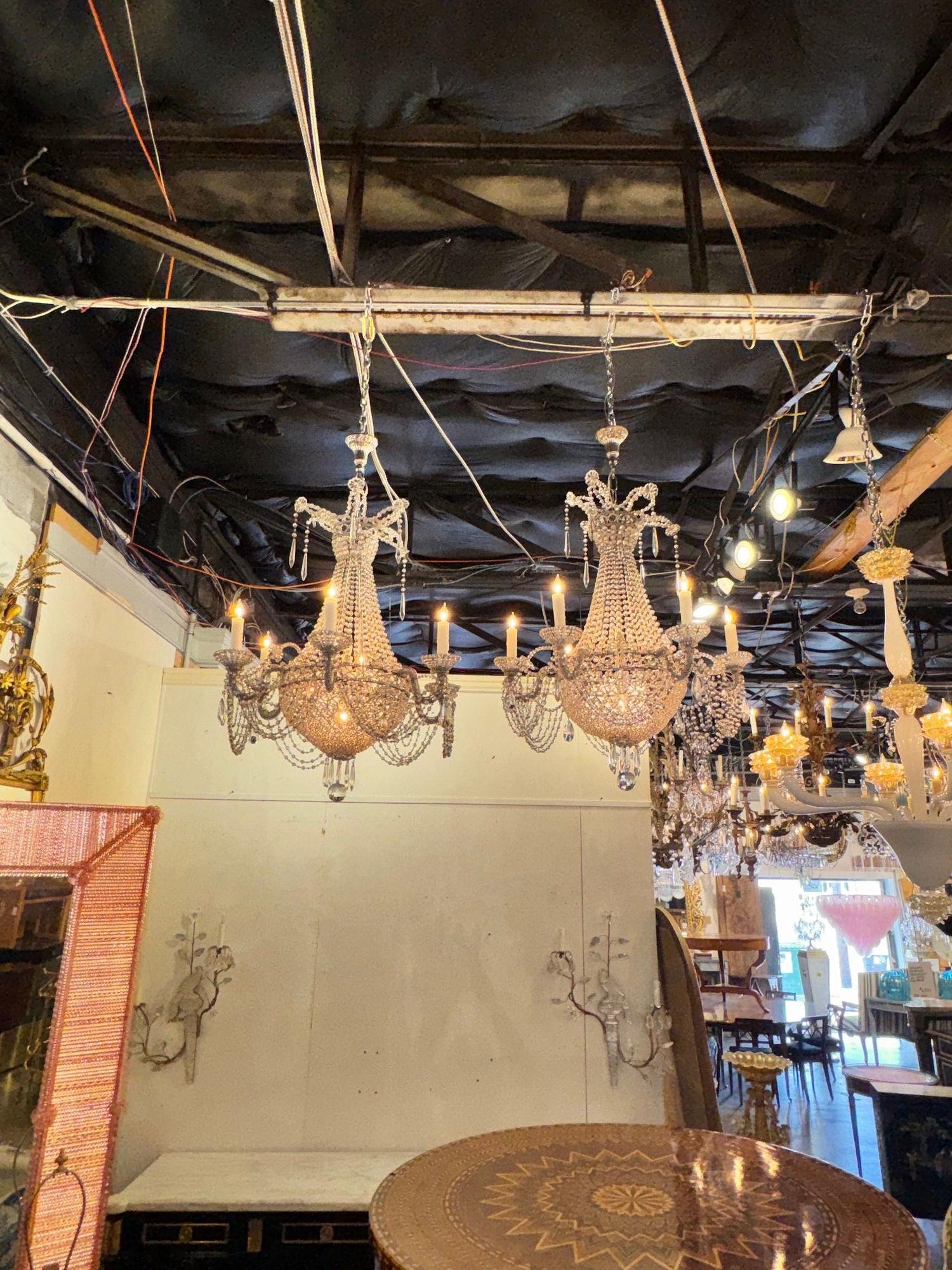 Pair of Italian Beaded Crystal Basket Chandeliers - Image 2