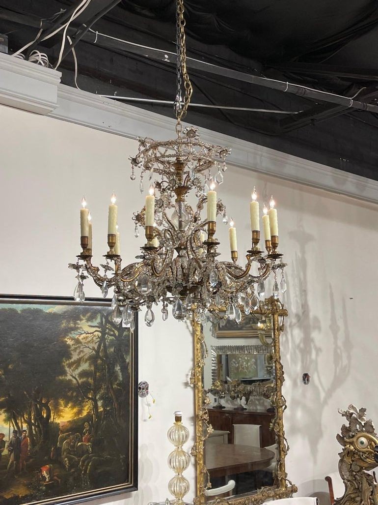 19th Century Italian Beaded Crystal and Gilt Bronze 12 Light Chandelier - Image 2