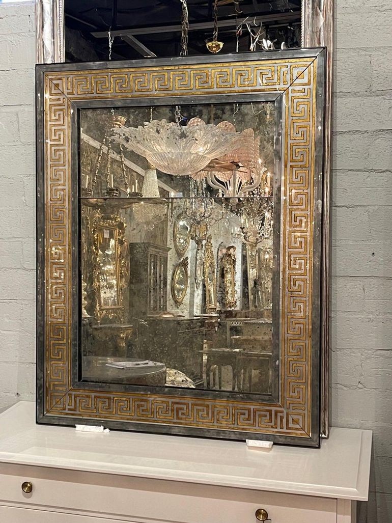 French Jansen Style Distressed Mirrors with Eglomise Greek Key Border - Image 2