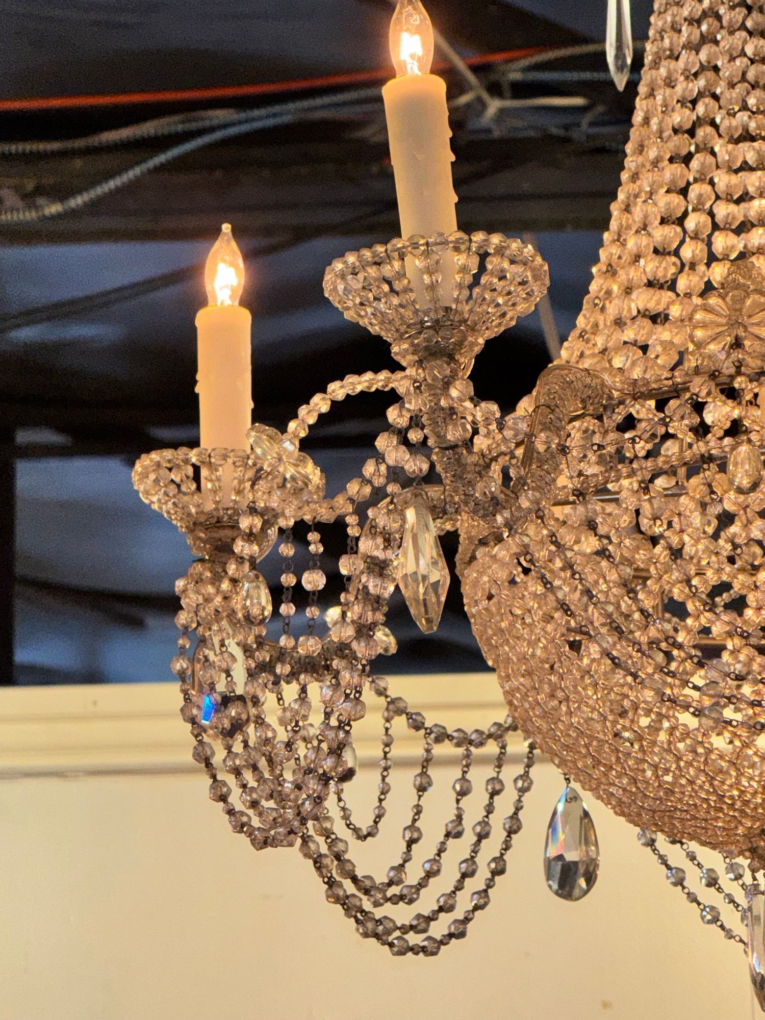Pair of Italian Beaded Crystal Basket Chandeliers - Image 3