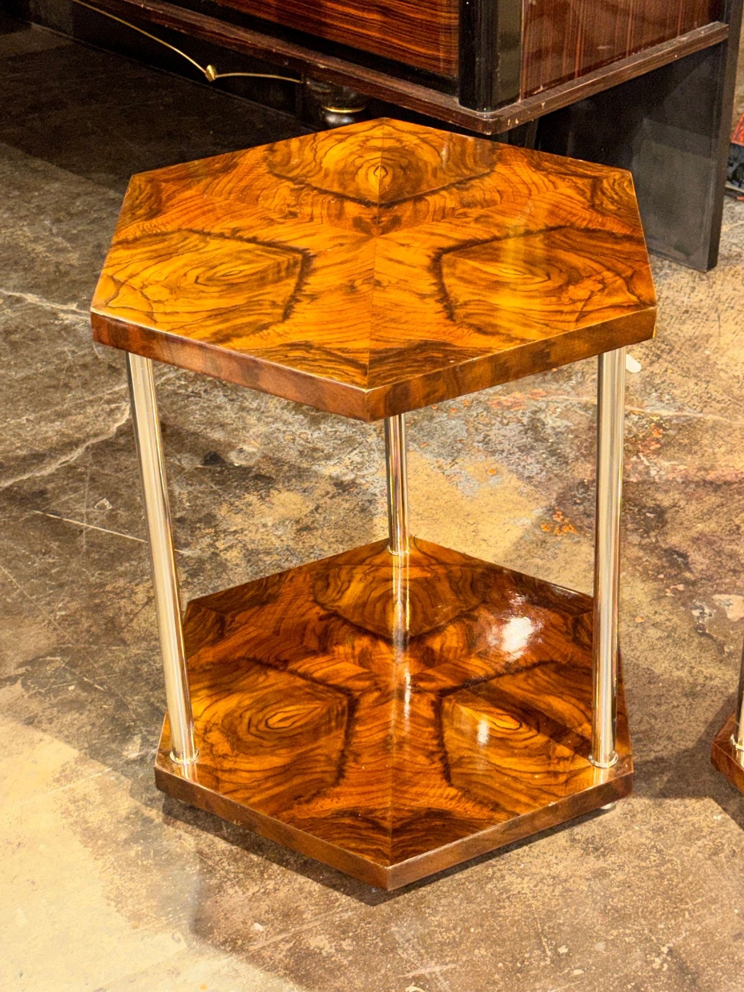 Italian Art Deco Style Walnut and Chrome Hex Side Tables - Image 3