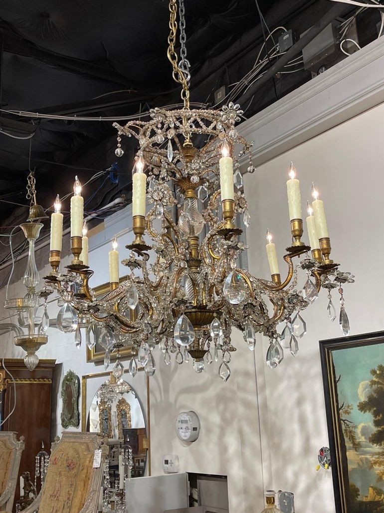 19th Century Italian Beaded Crystal and Gilt Bronze 12 Light Chandelier - Image 3