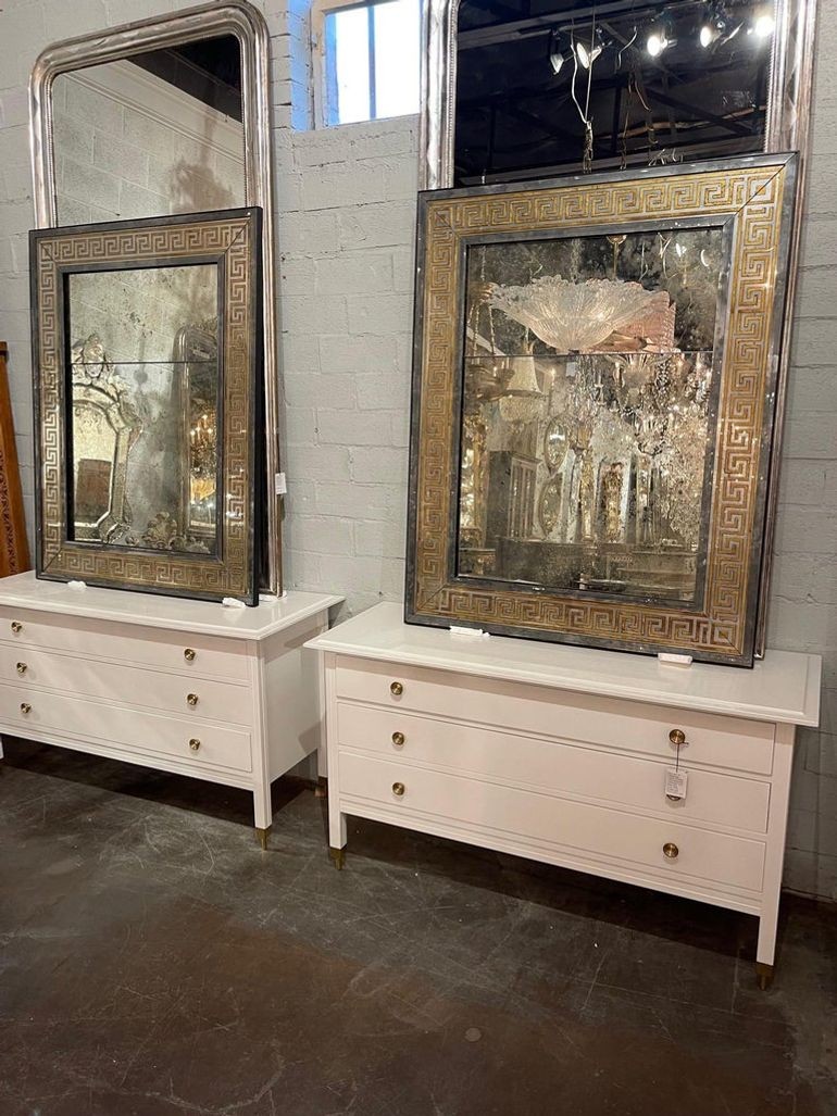 French Jansen Style Distressed Mirrors with Eglomise Greek Key Border - Image 3