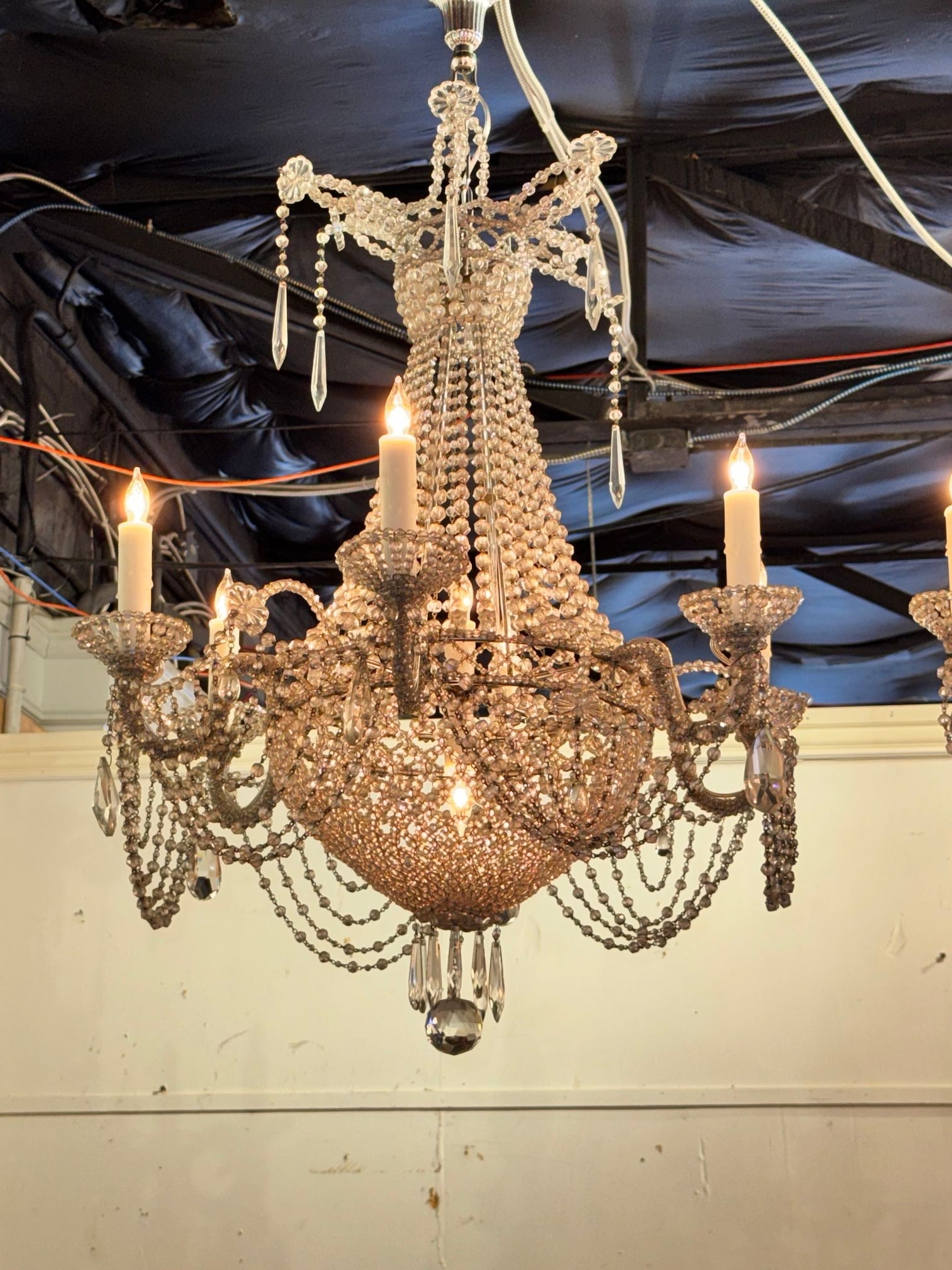 Pair of Italian Beaded Crystal Basket Chandeliers - Image 4