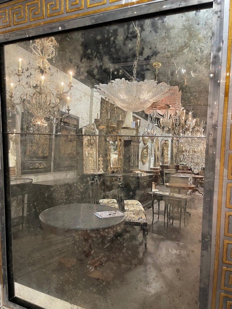 French Jansen Style Distressed Mirrors with Eglomise Greek Key Border - Image 4