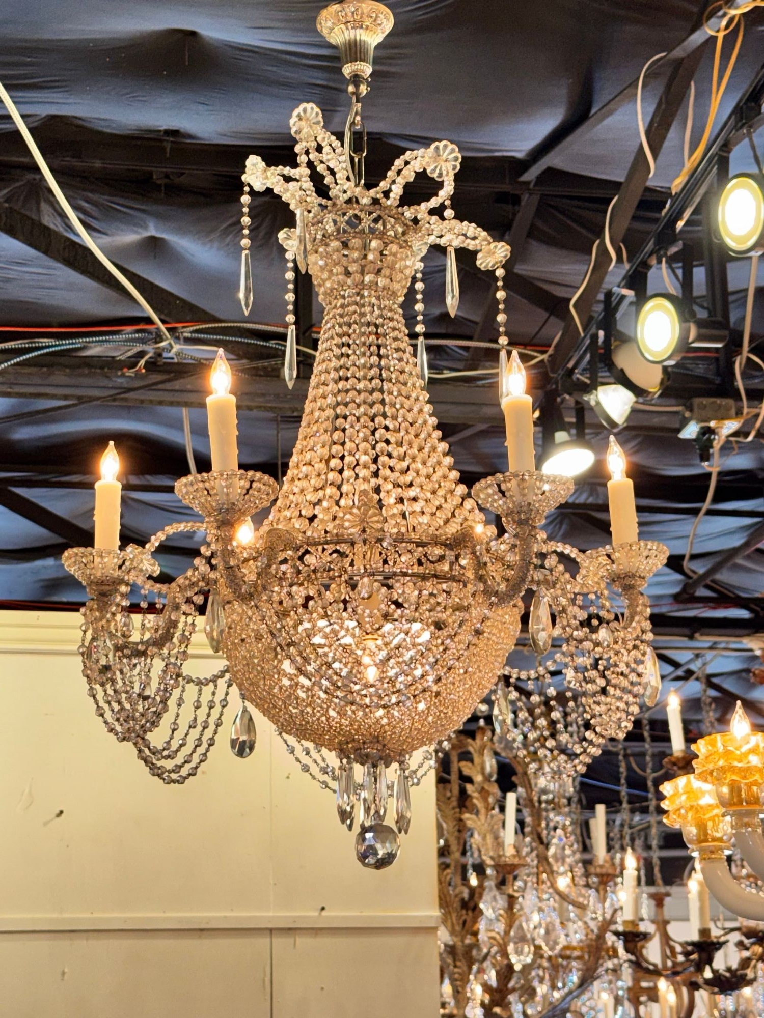 Pair of Italian Beaded Crystal Basket Chandeliers - Image 5