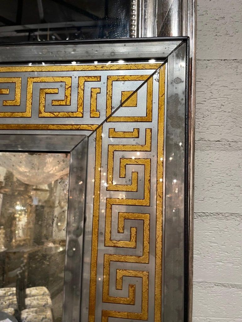French Jansen Style Distressed Mirrors with Eglomise Greek Key Border - Image 5