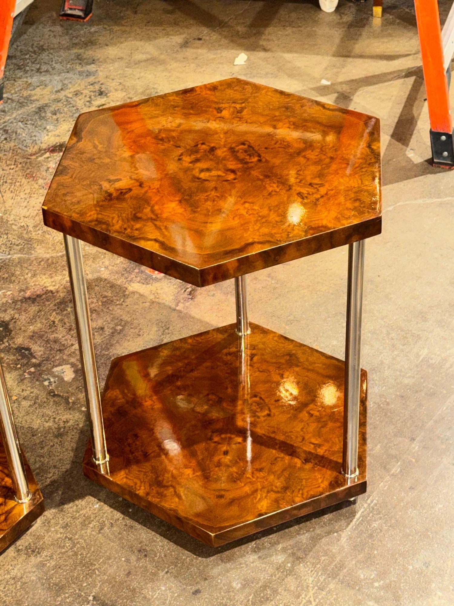 Italian Art Deco Style Walnut and Chrome Hex Side Tables - Image 6