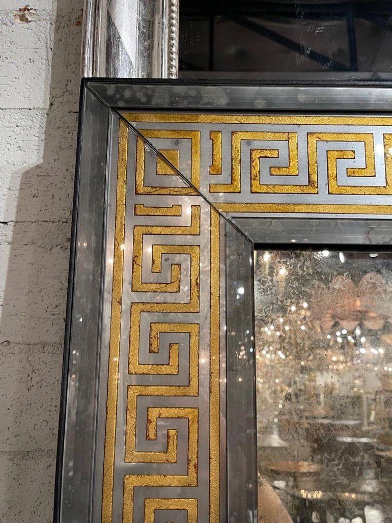 French Jansen Style Distressed Mirrors with Eglomise Greek Key Border - Image 6