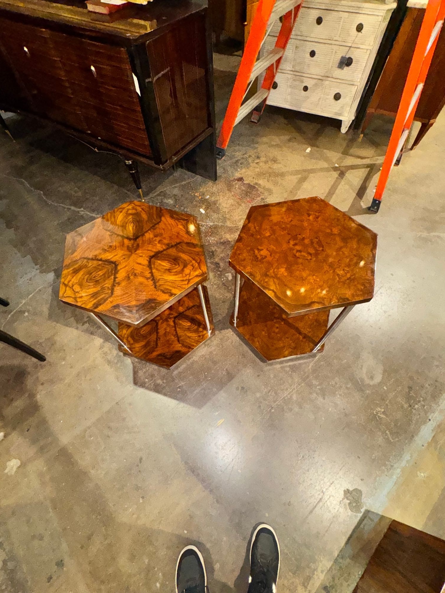 Italian Art Deco Style Walnut and Chrome Hex Side Tables - Image 7