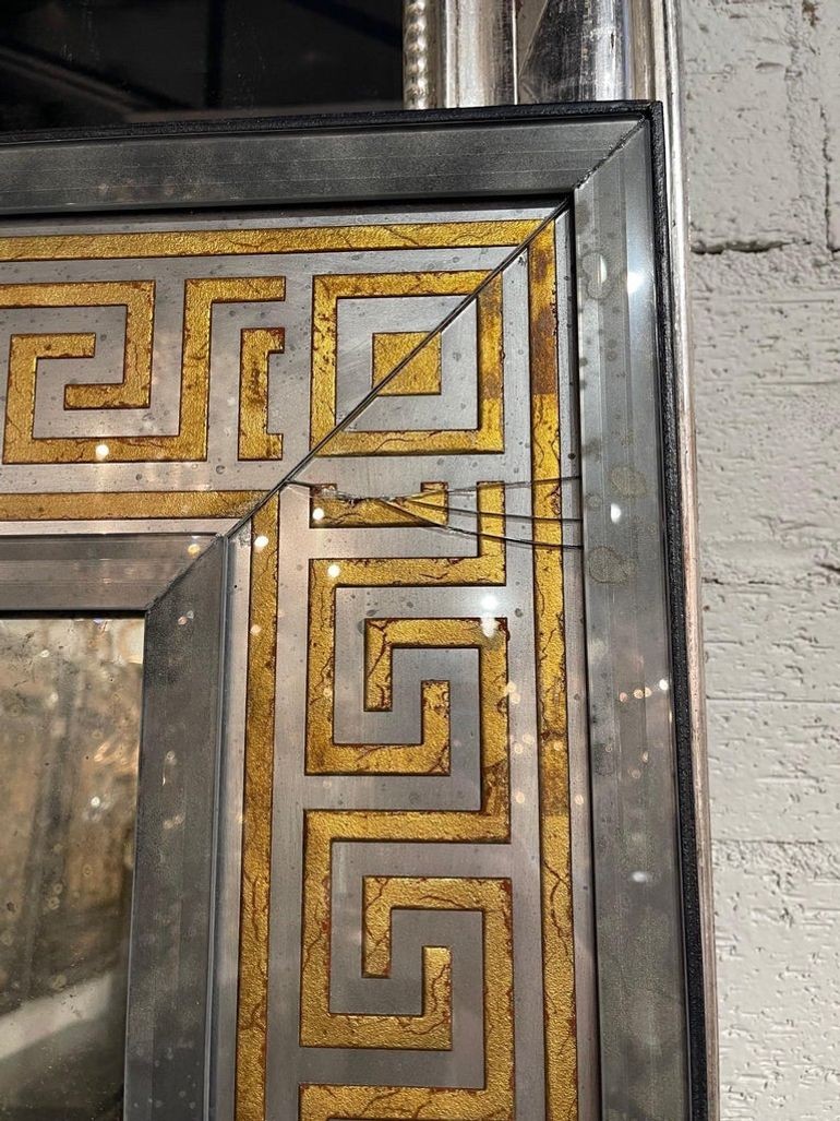 French Jansen Style Distressed Mirrors with Eglomise Greek Key Border - Image 7