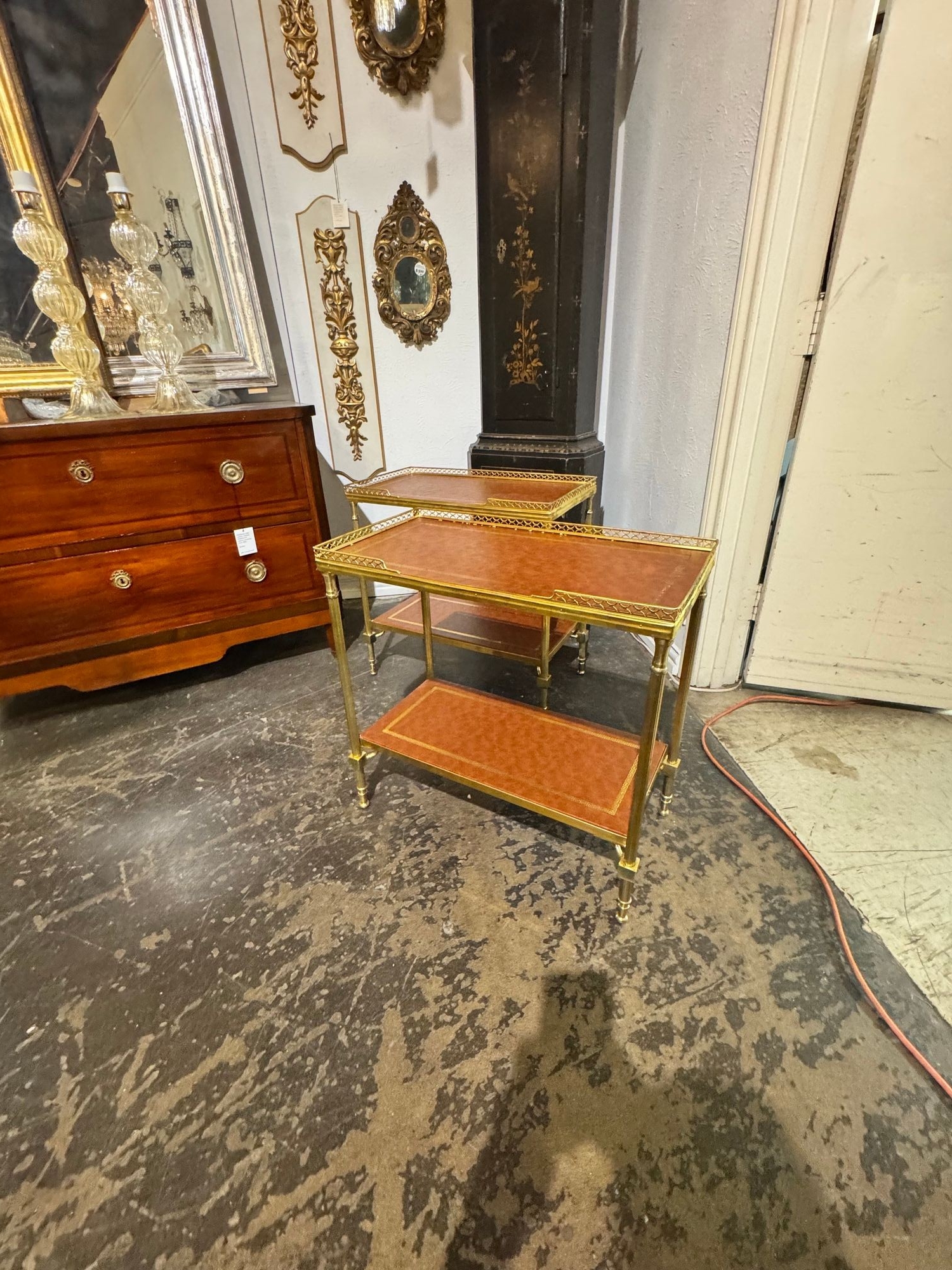 Pair of Italian Bagues Style Brass and Leather Side Tables - Image 8