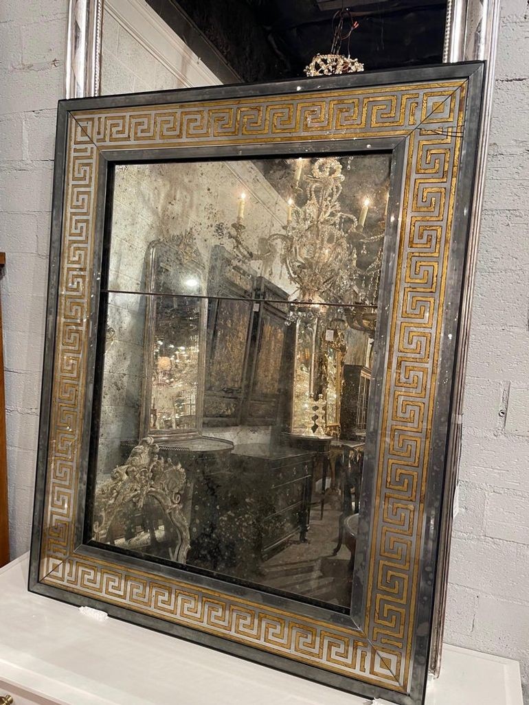 French Jansen Style Distressed Mirrors with Eglomise Greek Key Border - Image 8