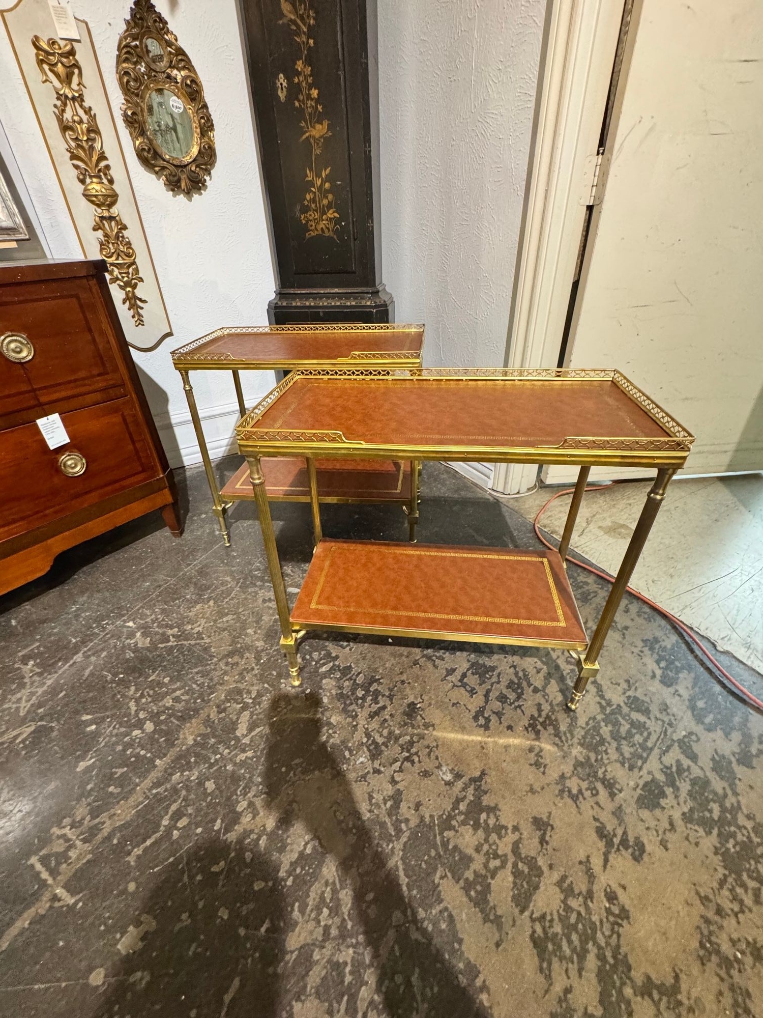Pair of Italian Bagues Style Brass and Leather Side Tables - Image 9