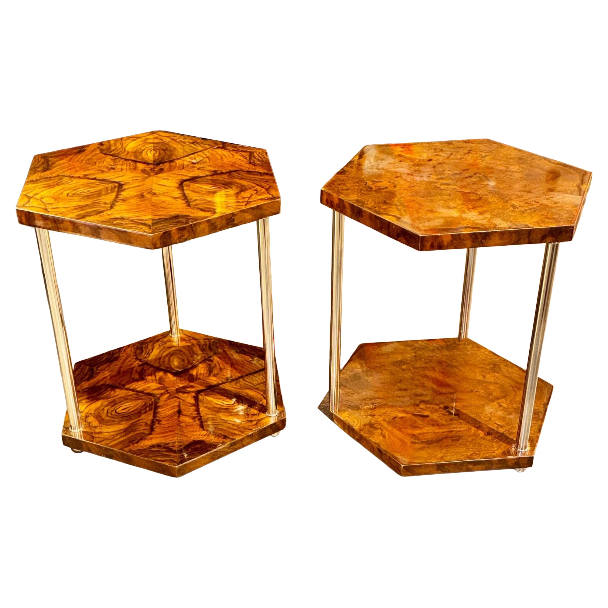 Italian Art Deco Style Walnut and Chrome Hex Side Tables