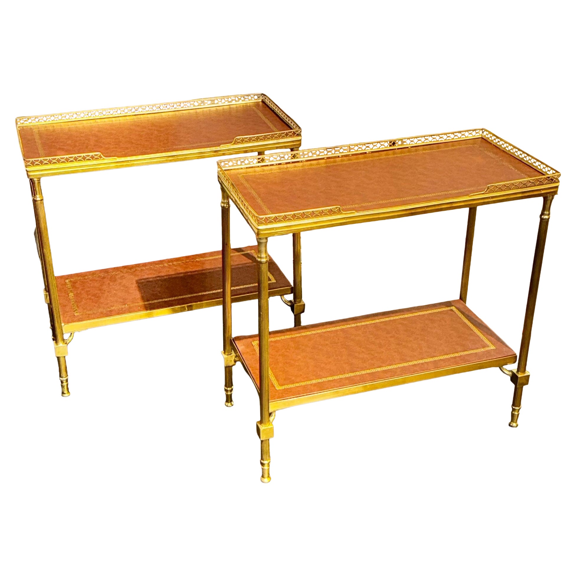 Pair of Italian Bagues Style Brass and Leather Side Tables
