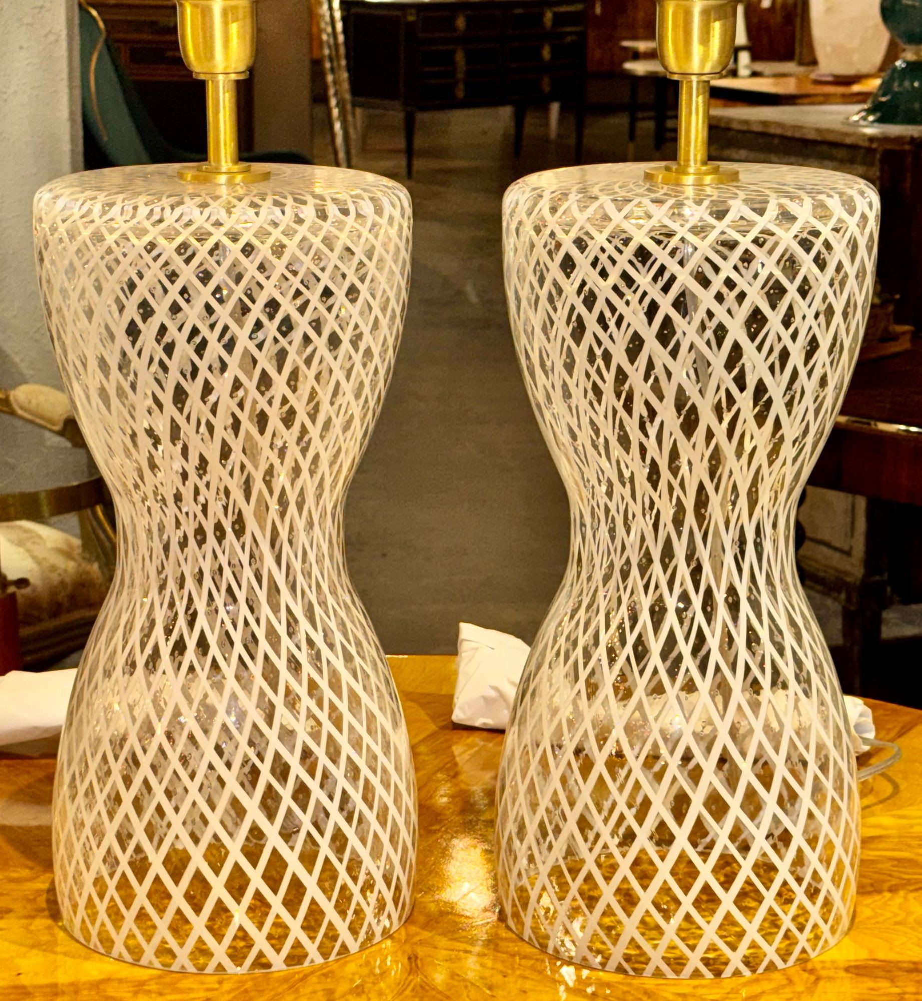 Pair of Vintage Murano Glass Lattice Lamps
