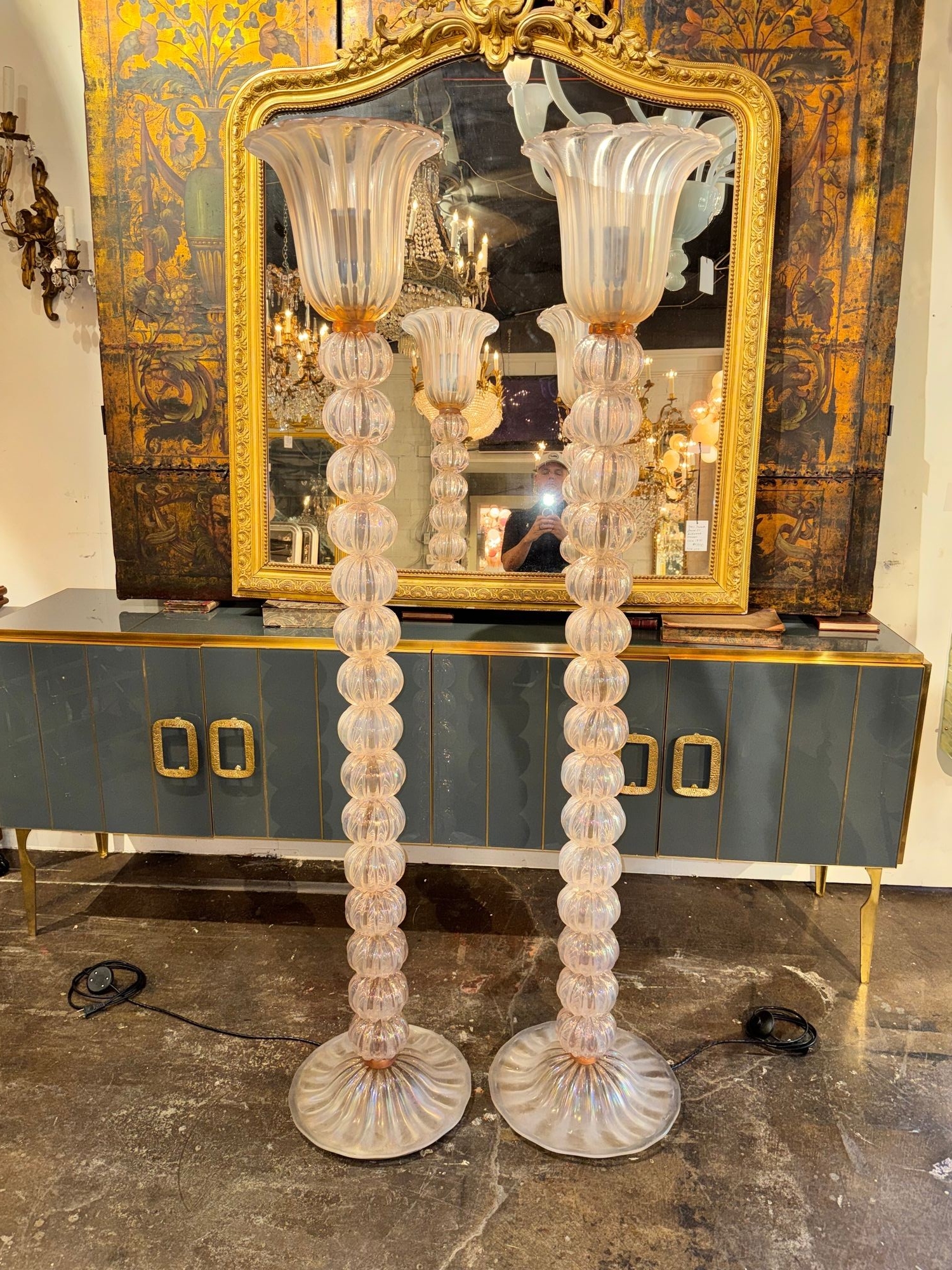 Pair of Murano Opalescent Pink Ball Floor Lamps - Image 2