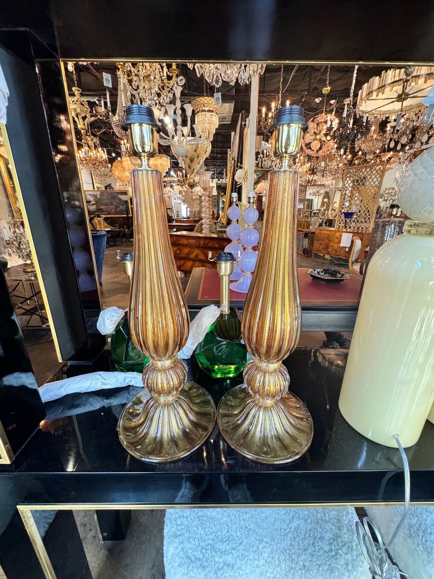 Pair of Murano Amber and Gold Glass Lamps - Image 2