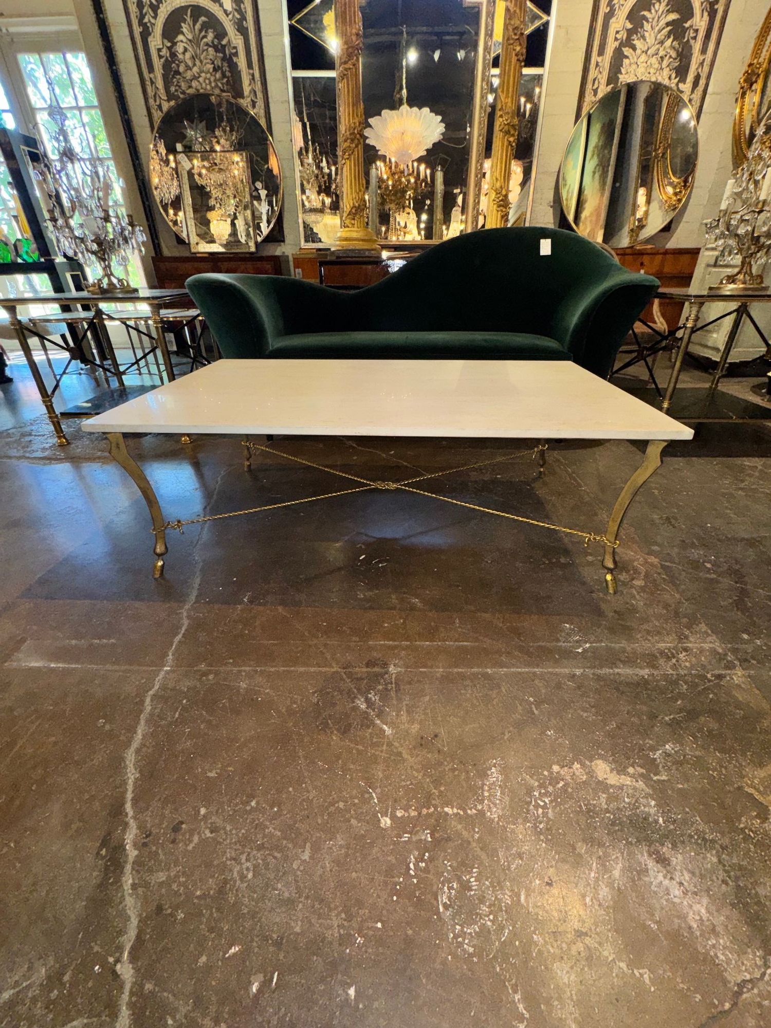 Vintage Italian Gilded Iron and Travertine Coffee Table - Image 2