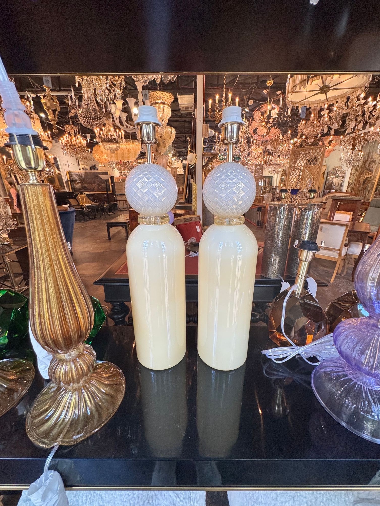 Pair of Murano Ivory Glass Cone Form Lamps - Image 2