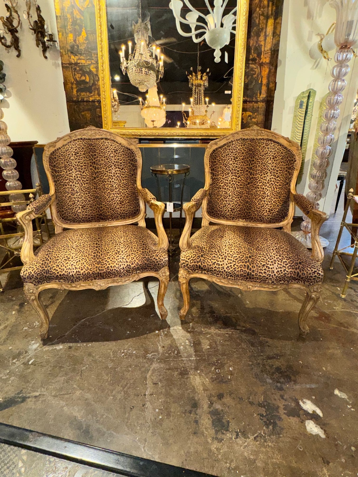 Pair of French Louis XV Bergeres with Leopard Upholstery - Image 2