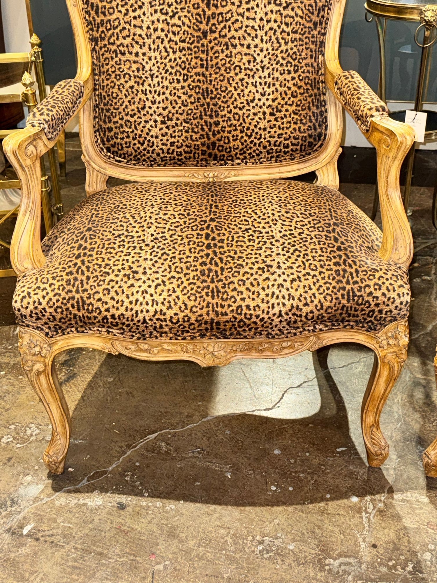 Pair of French Louis XV Bergeres with Leopard Upholstery - Image 3