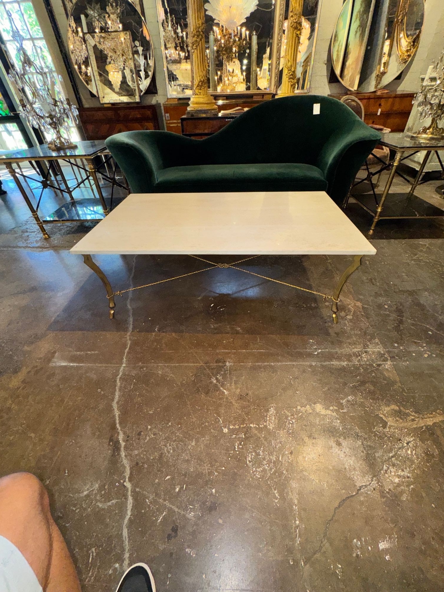 Vintage Italian Gilded Iron and Travertine Coffee Table - Image 3